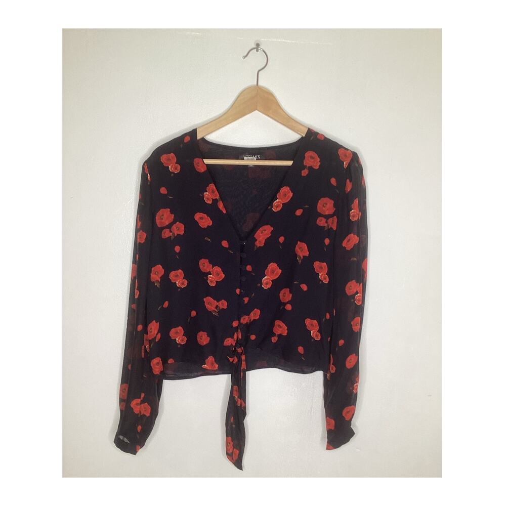 INTERMIX Black Floral Tie-Front Blouse with Red Flowers